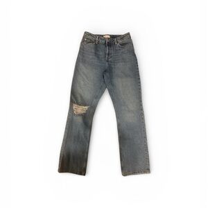 H&M Women’s Button Fly Light Blue Straight Leg Distressed Mom Jeans Size 8